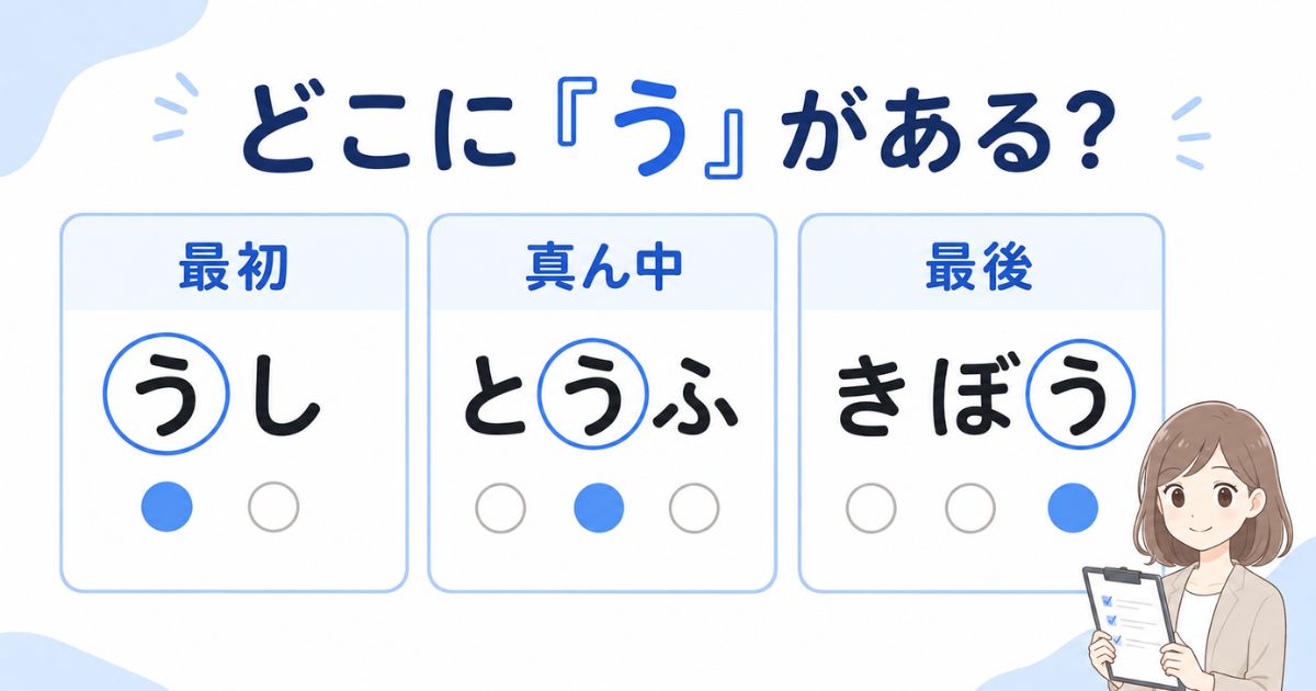 「う」が言葉の最初・真ん中・最後のどこにあるかを示す比較図