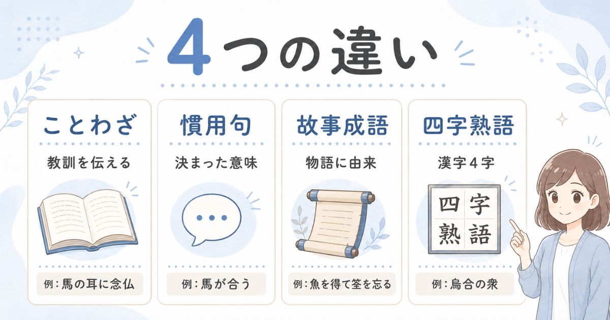 ことわざ・慣用句・故事成語・四字熟語の特徴を比較した図解