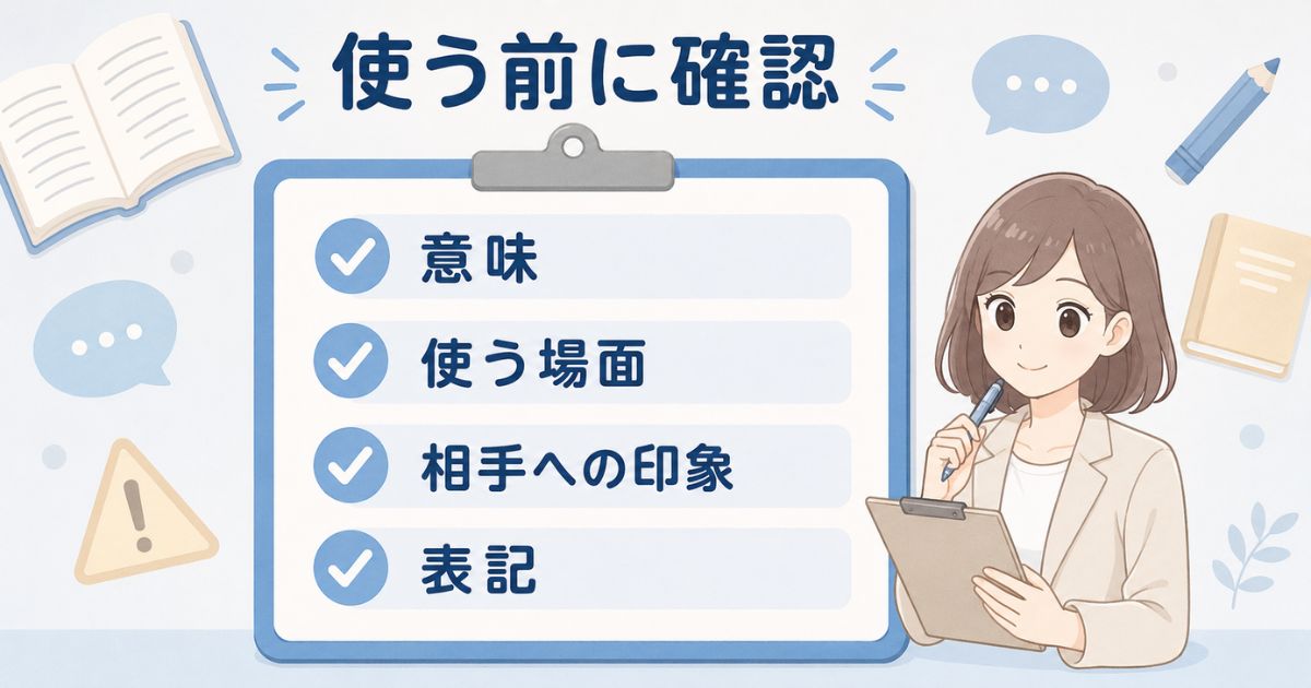 ことわざを使う前に意味・場面・印象・表記を確認するチェック図