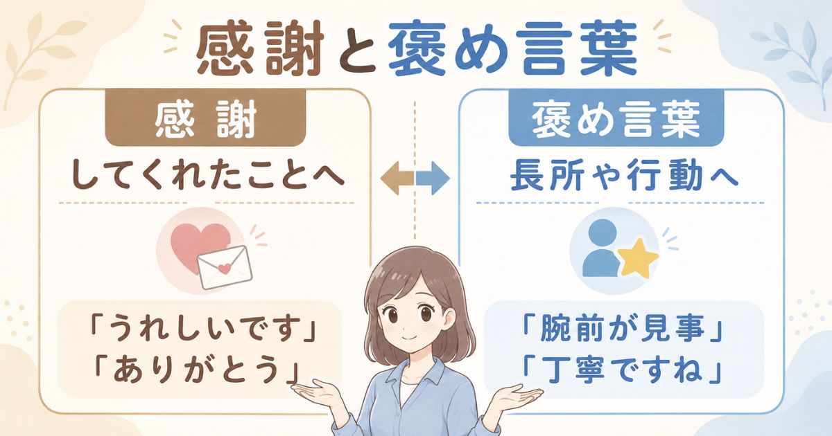 感謝の言葉と褒め言葉の違いを使用目的と例で比較した図解