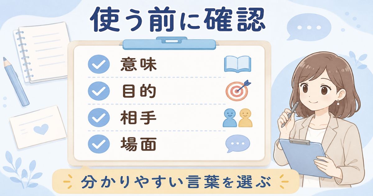 「う」から始まるいい言葉を選ぶ前に意味・目的・相手・場面を確認するチェック図解