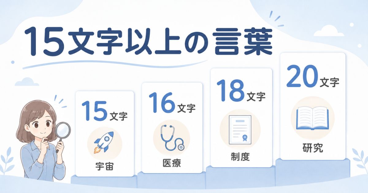 うから始まる15文字以上の言葉を文字数と種類で比較した図解
