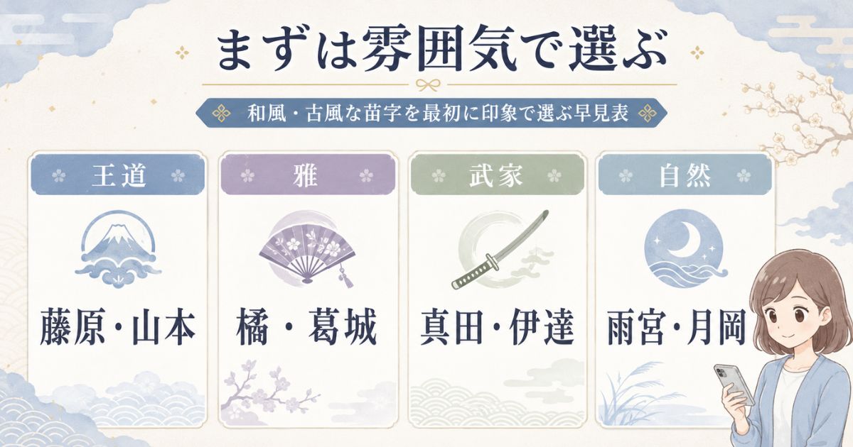 王道・雅・武家・自然の4分類から和風苗字を選ぶ早見図