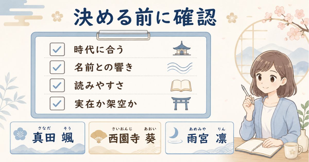 創作で和風苗字を選ぶ前に時代・響き・読み方・実在性を確認するチェック図