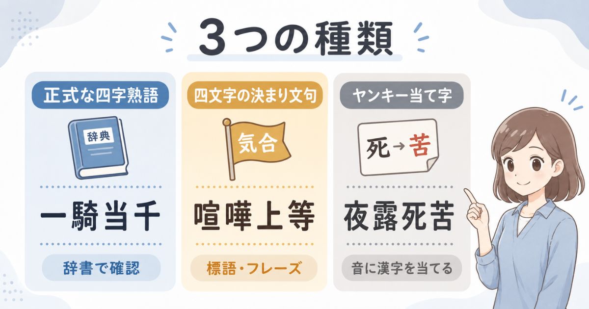 正式な四字熟語・四文字の決まり文句・ヤンキー当て字の違い