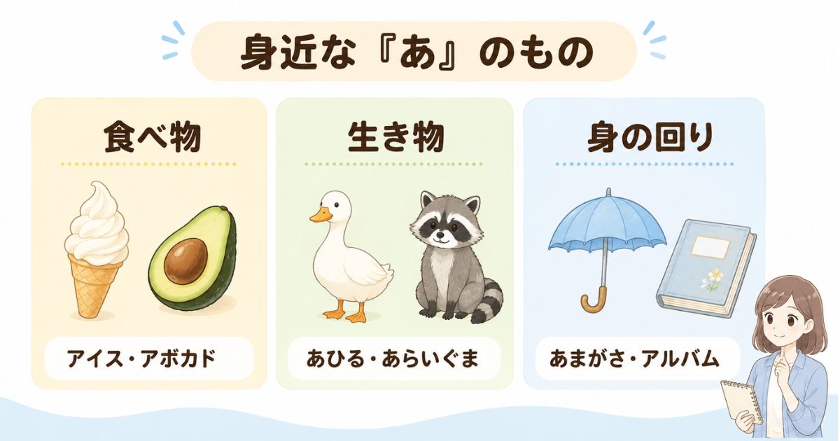 「あ」から始まる食べ物・生き物・身の回りの物を分類した図解