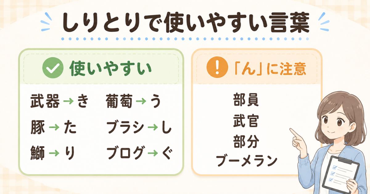 しりとりで使いやすいぶから始まる言葉と「ん」で終わる注意語の比較
