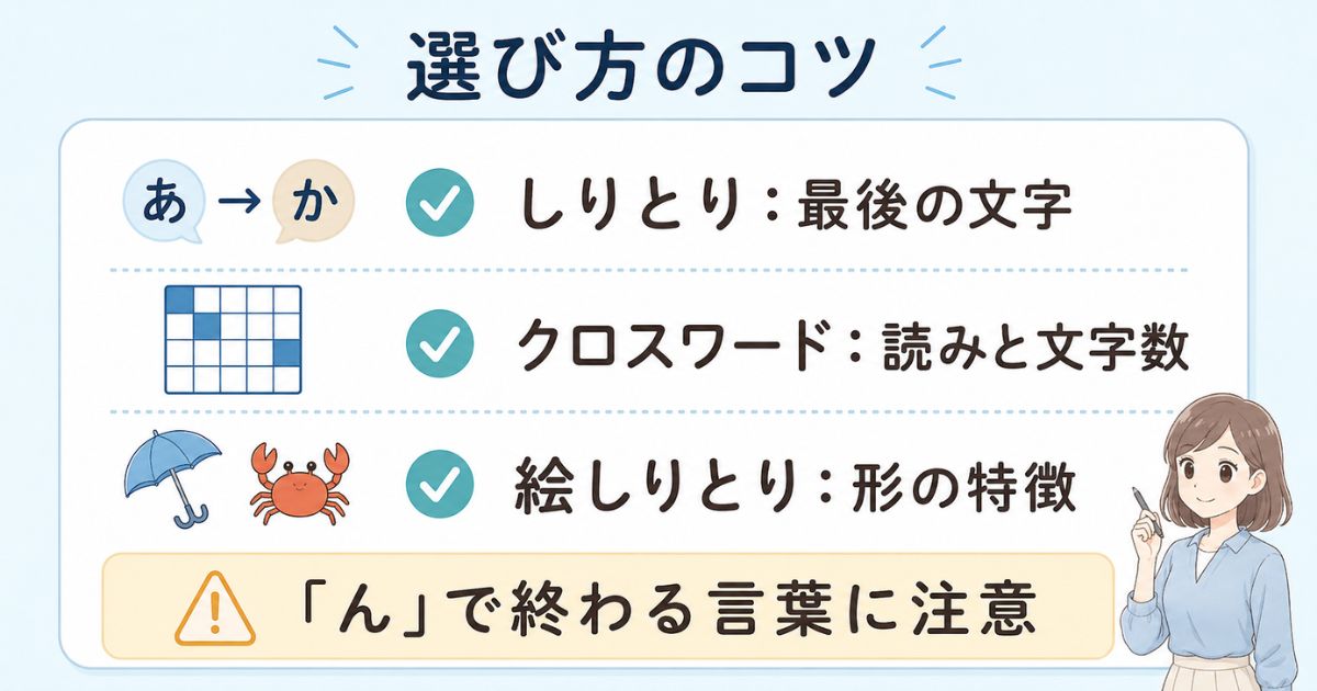 しりとり・クロスワード・絵しりとりで言葉を選ぶ際の確認ポイント