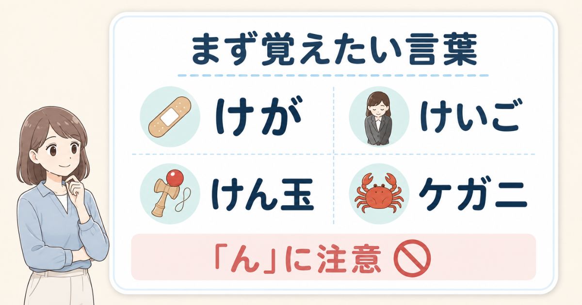 けが・けいご・けん玉・ケガニと「ん」に注意する基本を示すチェック図