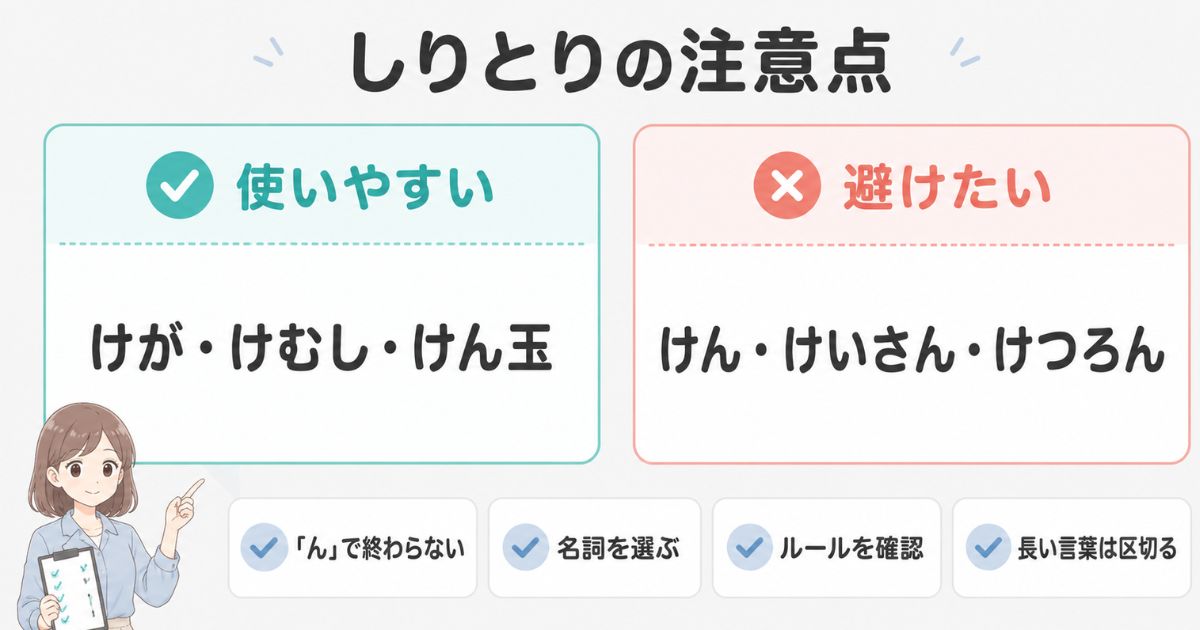 しりとりで使いやすい「け」の言葉と避けたい「ん」終わりの言葉を比較した注意点
