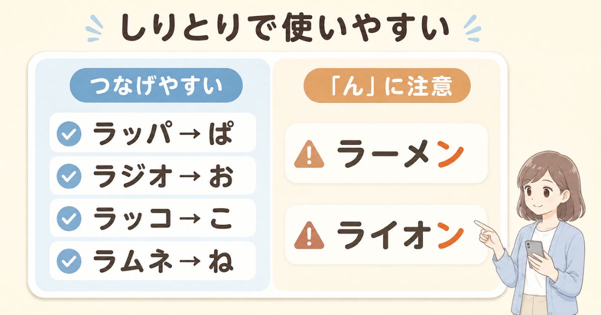 しりとりでつなげやすい言葉と「ん」で終わる注意語の比較