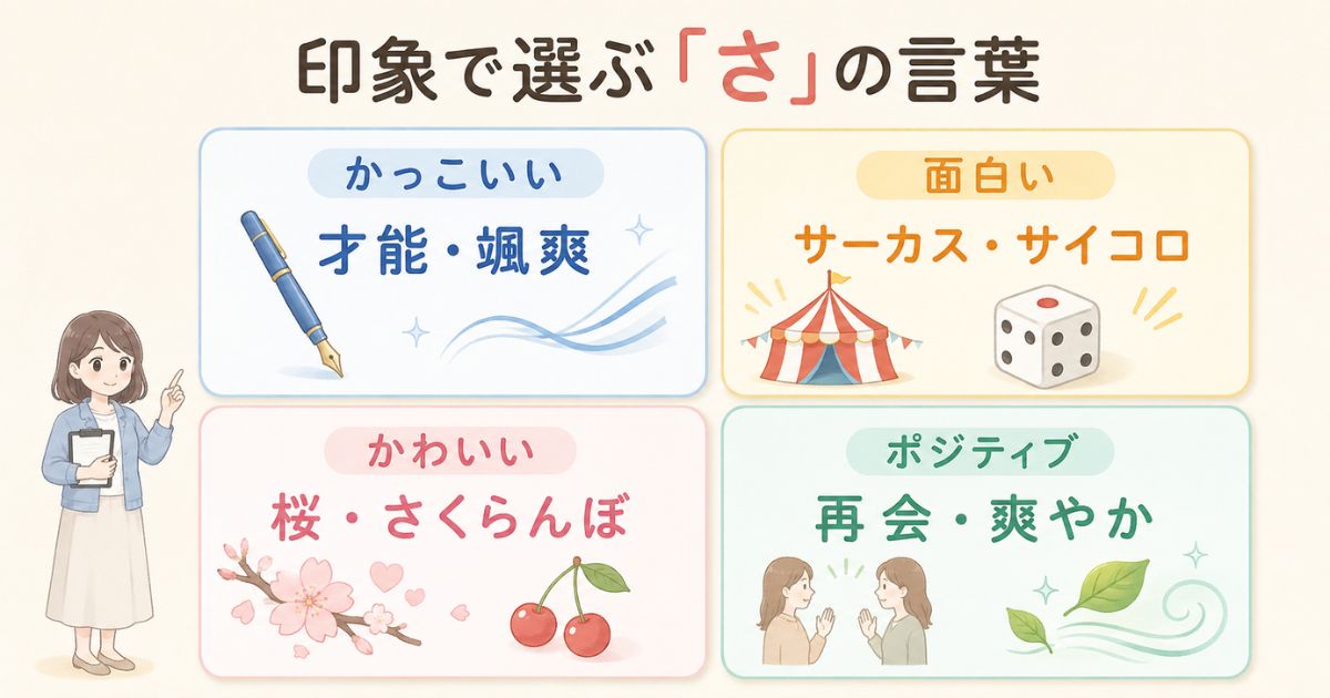 「さ」から始まる言葉をかっこいい・面白い・かわいい・ポジティブに分類した図解