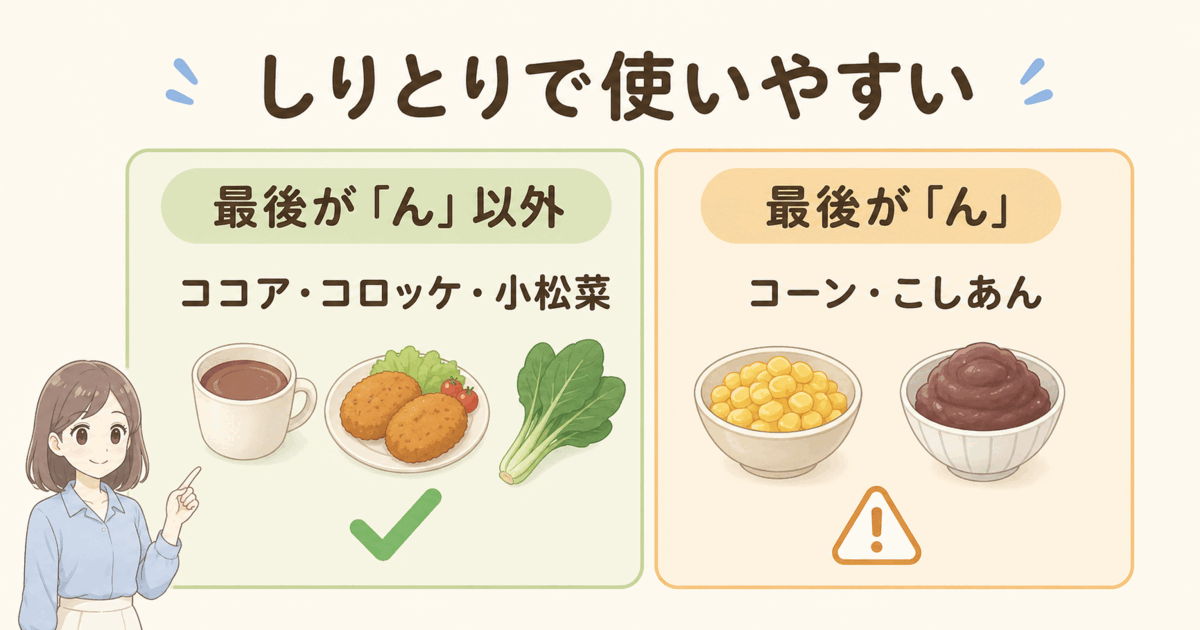 しりとりで使いやすい食べ物と「ん」で終わる食べ物の比較