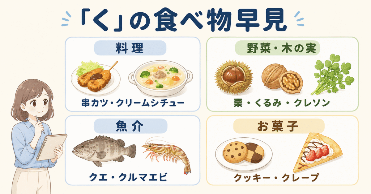 料理・野菜・木の実・魚介・お菓子に分けたくから始まる食べ物の早見一覧