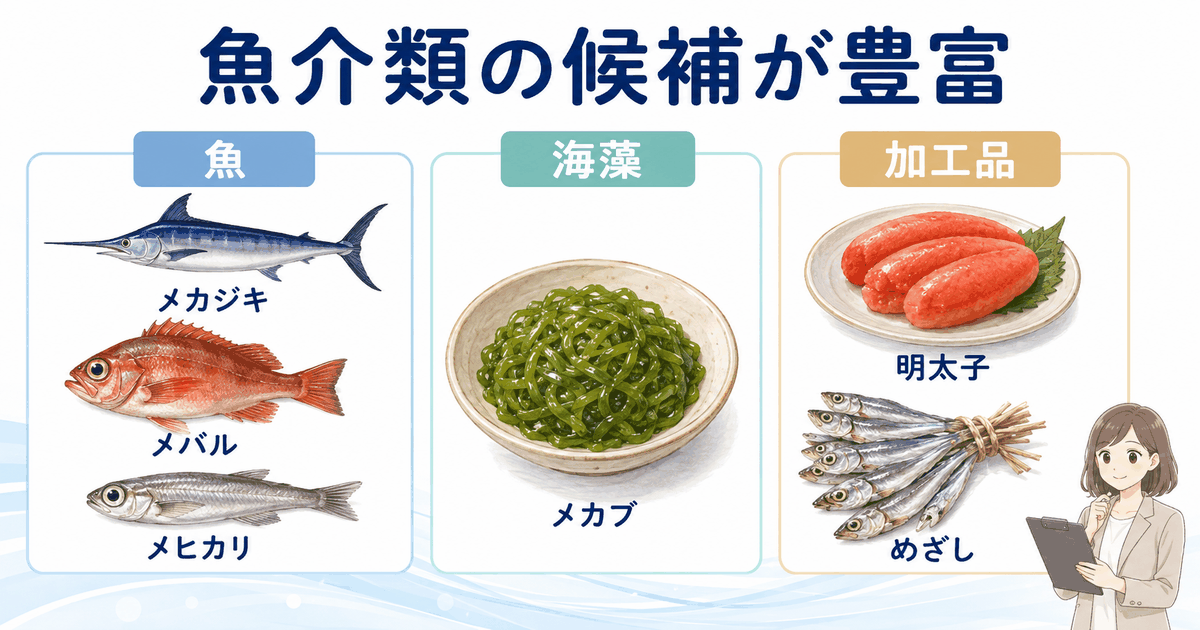 メカジキ・メバル・メヒカリ、メカブ、明太子、めざしを分類した魚介類一覧