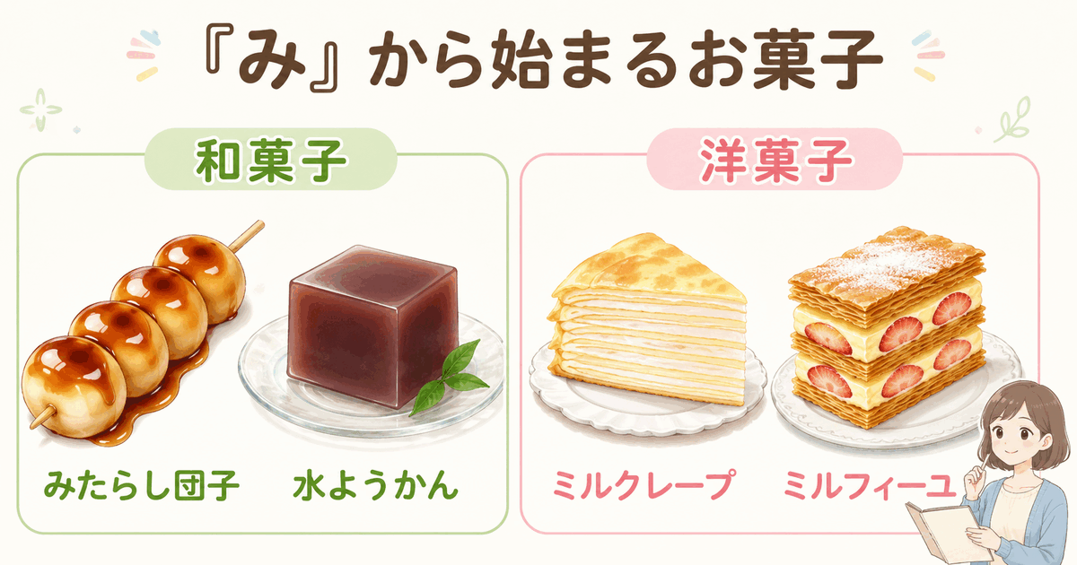みたらし団子と水ようかん、ミルクレープとミルフィーユを和菓子・洋菓子に分けた一覧
