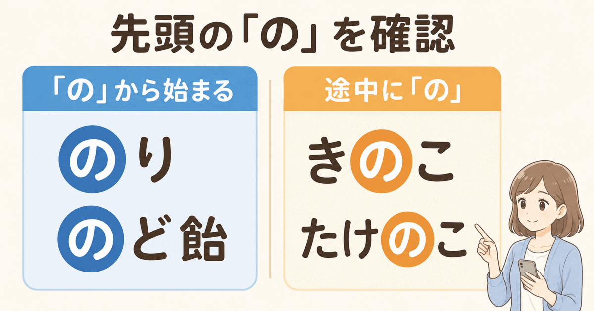 先頭が「の」の「のり・のど飴」と、途中に「の」がある「きのこ・たけのこ」の比較