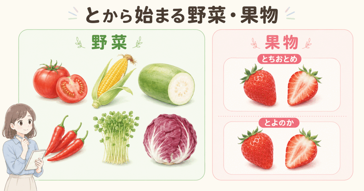 とから始まる野菜と果物をトマト、とうもろこし、冬瓜、いちごの品種などで示した一覧