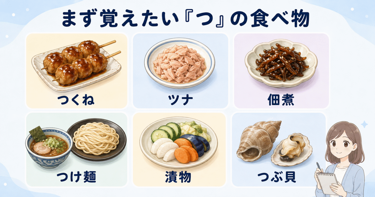 つくね、ツナ、佃煮、つけ麺、漬物、つぶ貝の代表例