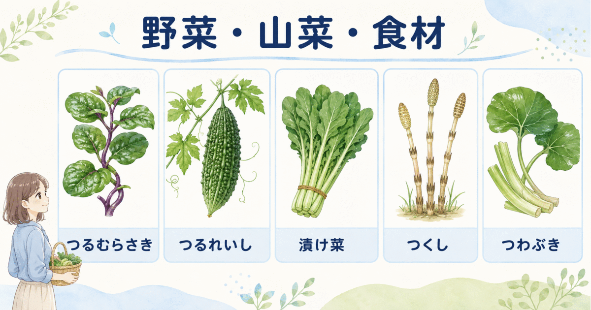 つるむらさき、つるれいし、漬け菜、つくし、つわぶきの一覧